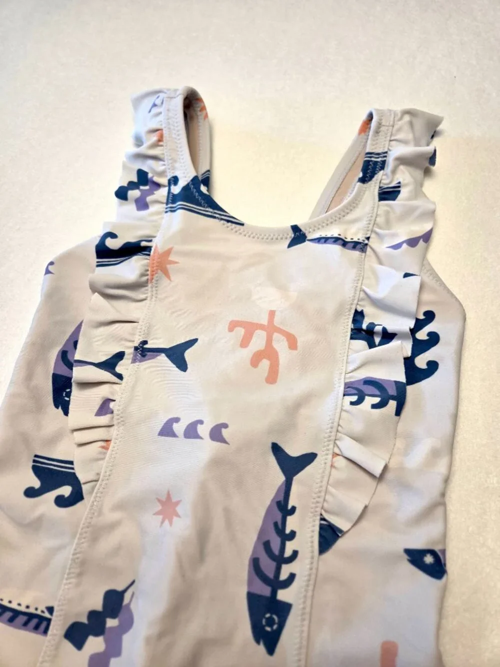 Tea Collection Girls Ruffle One Piece Swimsuit Off-White Print Girls Size 6